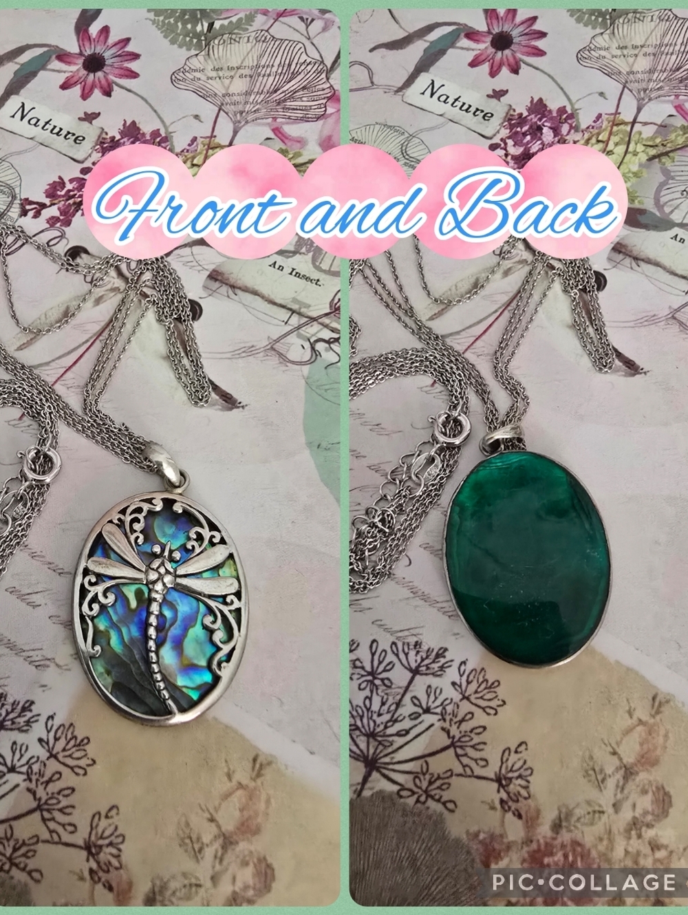 Silver Dragonfly Abalone Oval Pendant Necklace - Green/Blue